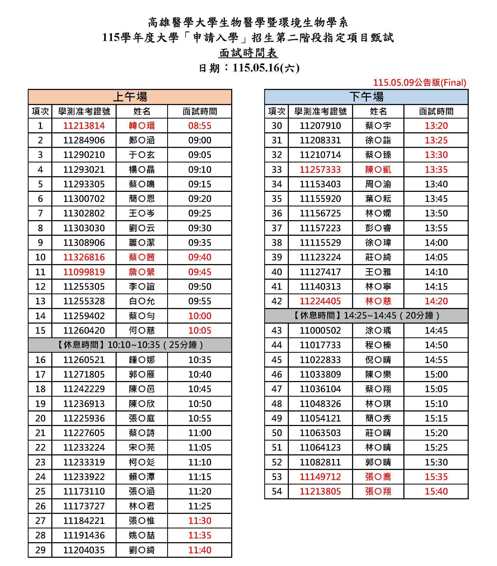 115面試時間表網路公告 05.09最終確認版